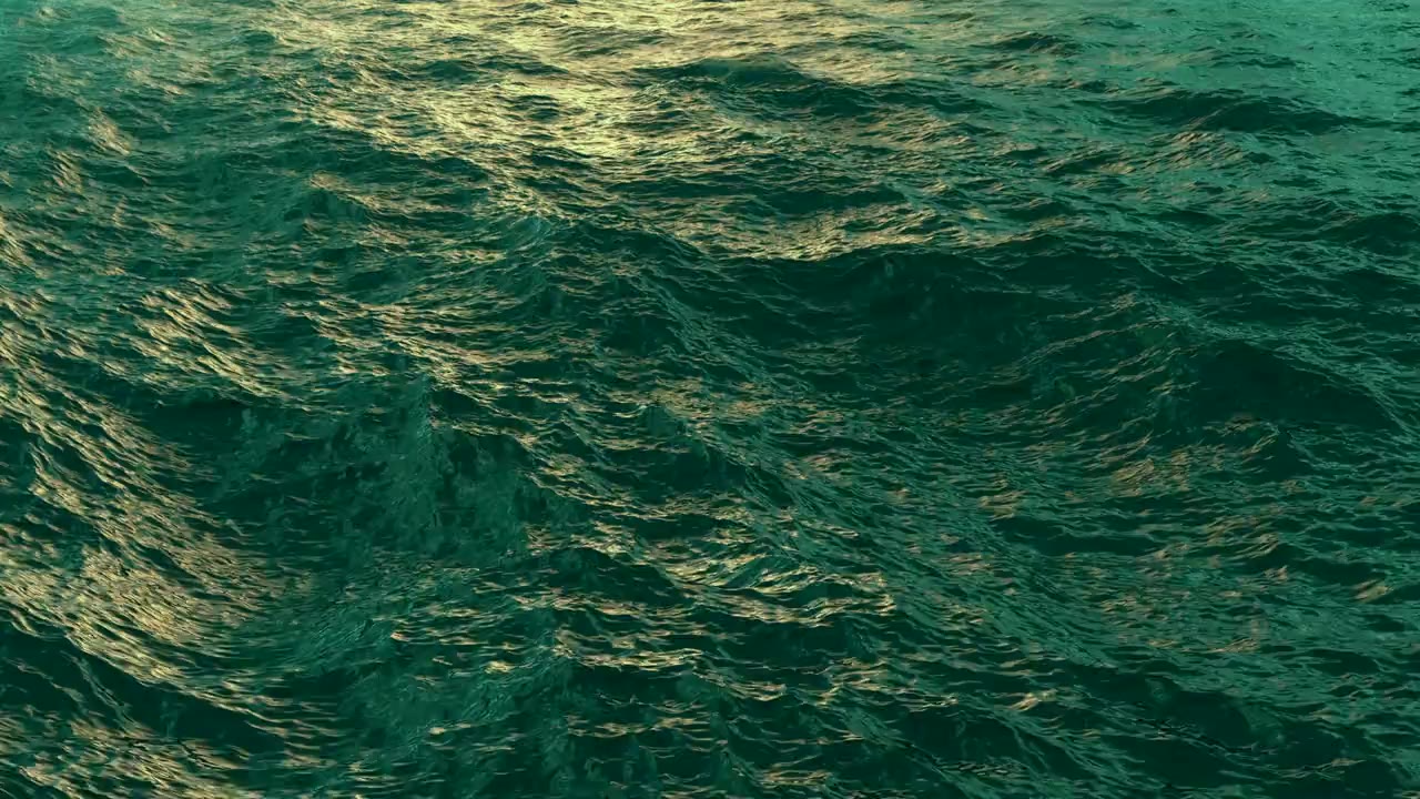 Ocean waves with golden sunlight, in teal and green tones