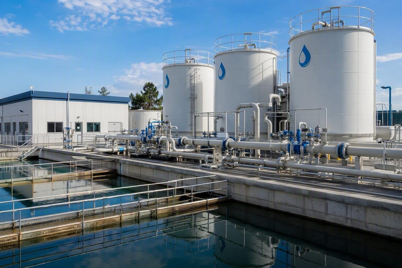 Water treatment plant with storage tanks and piping