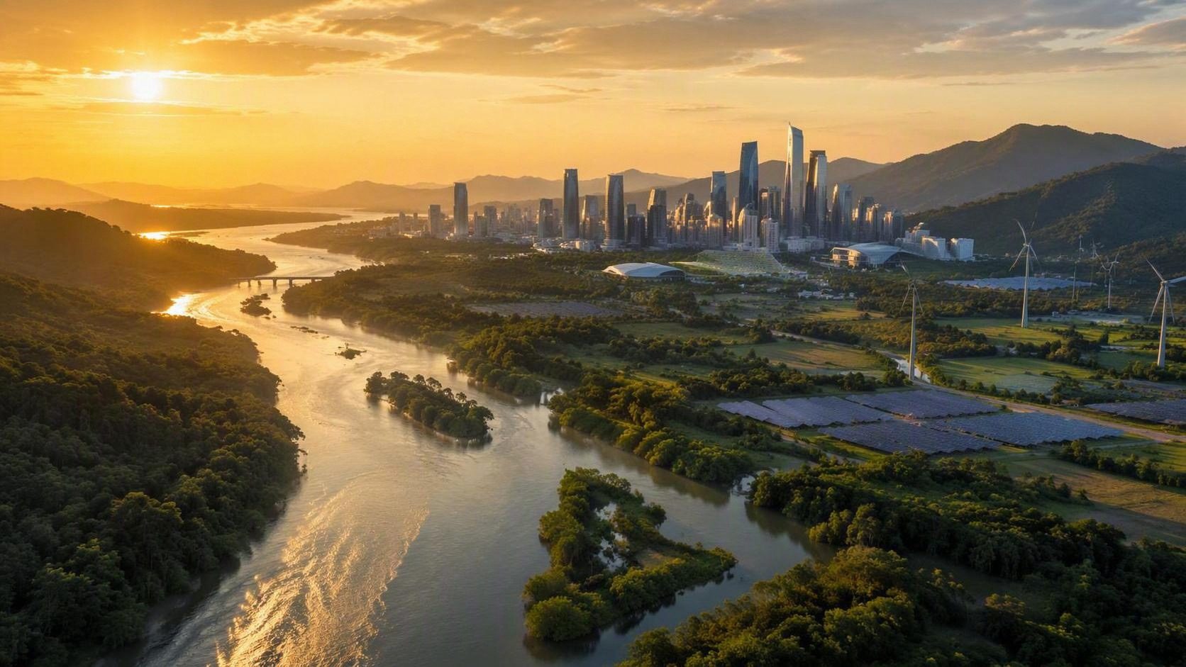 River winding toward a city skyline at sunset