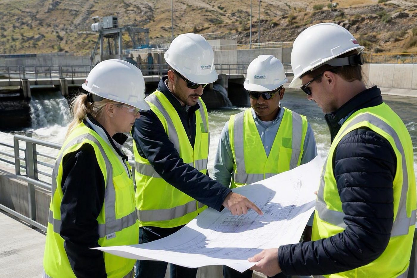 Engineers reviewing plans at a dam site