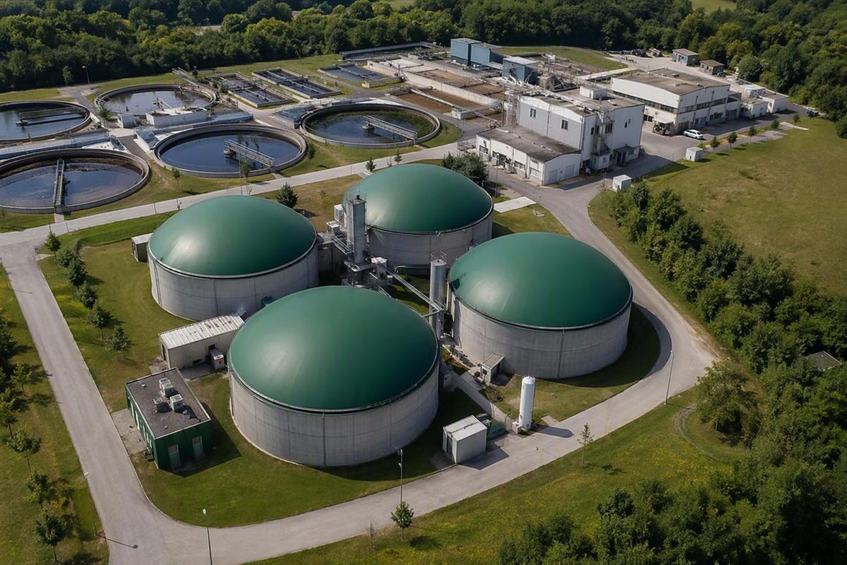 Aerial view of anaerobic biogas digester tanks