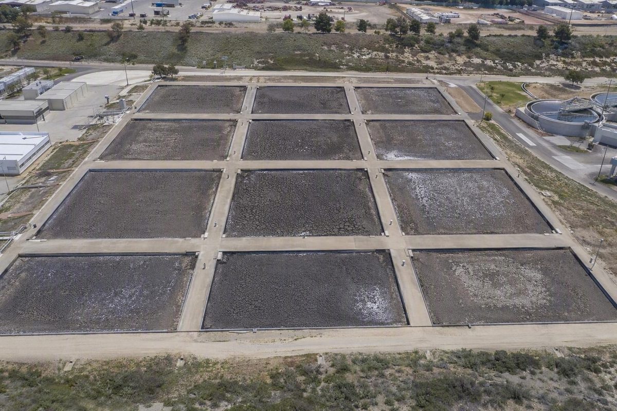 Aerial view of sludge drying beds