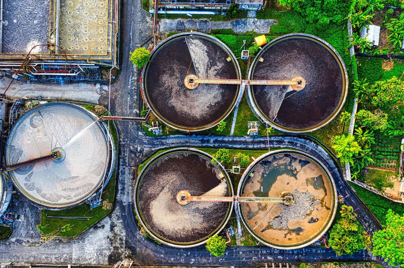 Aerial view of circular wastewater treatment clarifiers