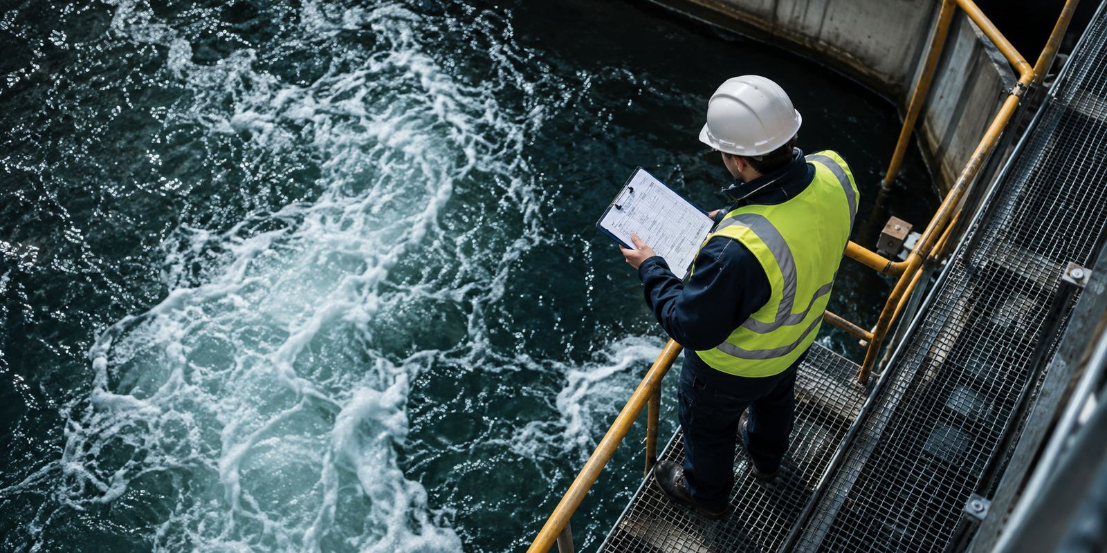 Water engineer reviewing inspection notes above an aerated treatment basin